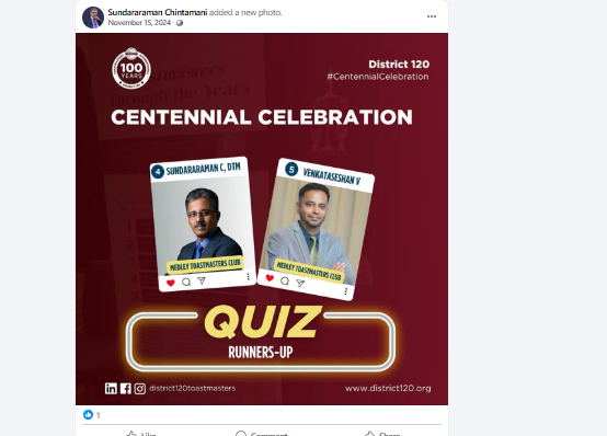 Toastmasters D120 Quiz Runner-up